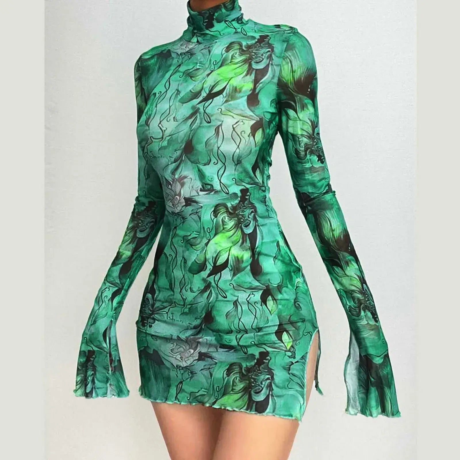 Y2K mesh bodycon dress in green with bell sleeves and open hip detail, perfect for parties and street fashion.