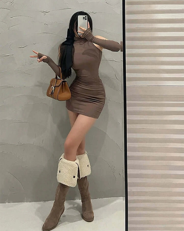 Summer High Neck Bodycon Dress | Oversleeve Tight Fit Wrapped Hip Dres