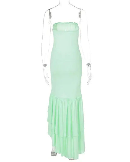 sexy strapless summer dress in mint green color with an irregular ruffled hem, perfect for spring and summer fashion.