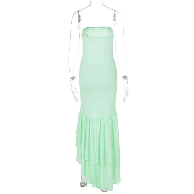 sexy strapless summer dress in mint green color with an irregular ruffled hem, perfect for spring and summer fashion.