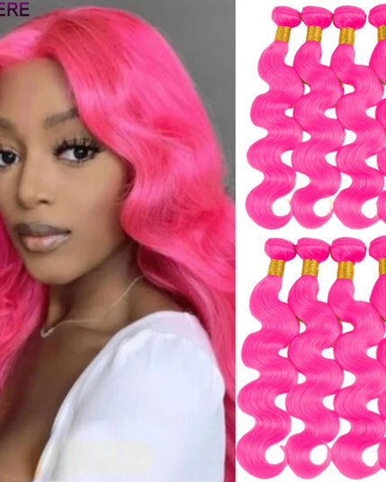 Woman with pink hair and pink hair extensions on a gray background