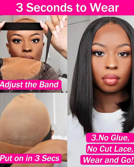 Wear & Go Glueless Bob Wig – Short Straight Human Hair Lace Closure Wig for Beginners
