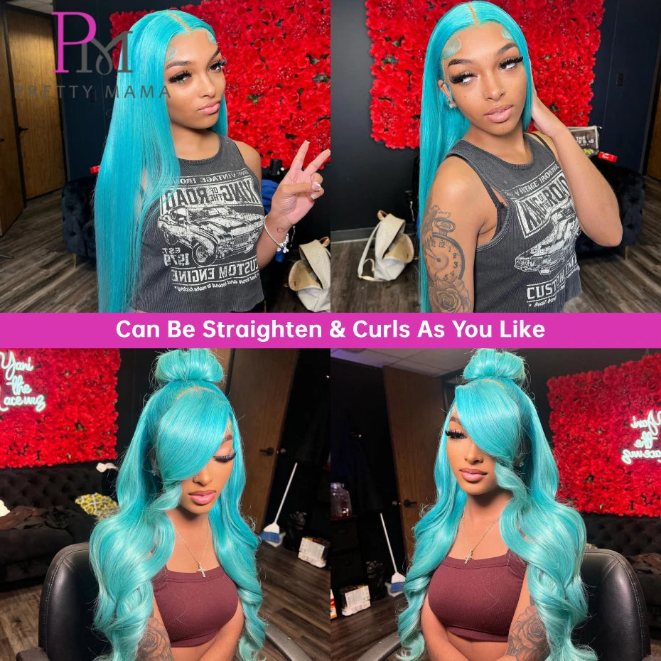 Woman with teal hair styled in loose waves, shown from different angles.