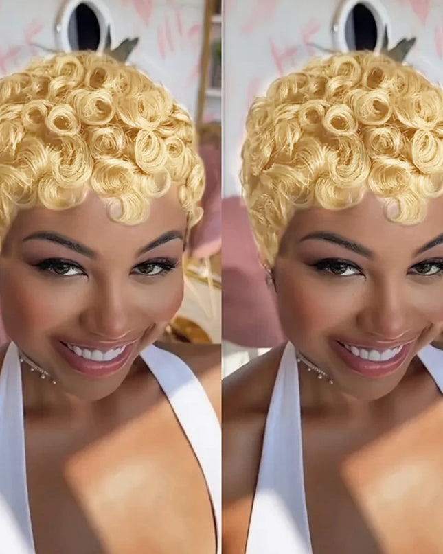Curly pixie cut wigs for women displayed on a smiling model, showcasing short layered Brazilian human hair in a vibrant blonde color.