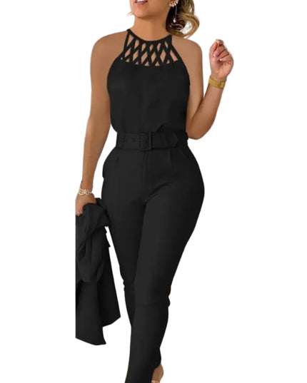 Woman wearing a black jumpsuit with a white background