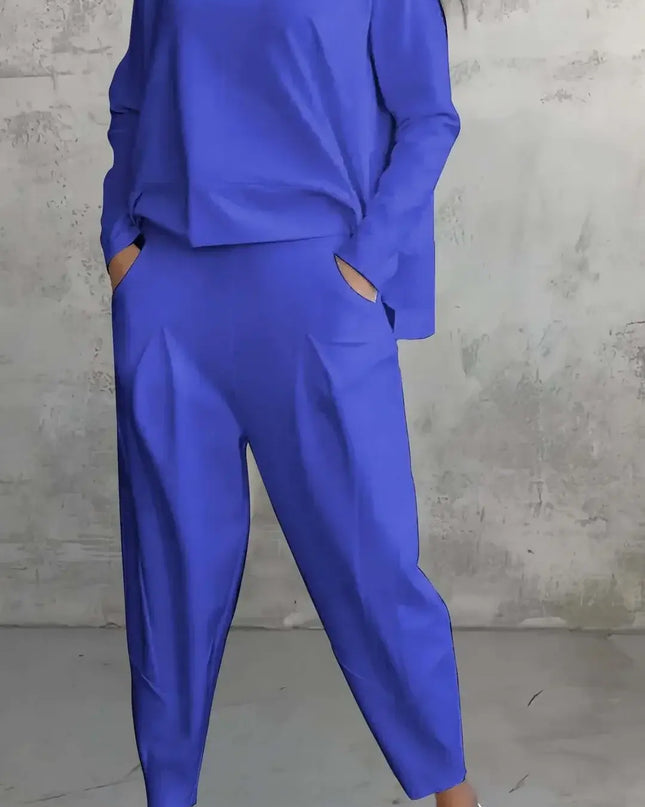 Women's Two-piece Solid Color Round Neck Long Sleeved Top and Casual Pants Set for Autumn 2024