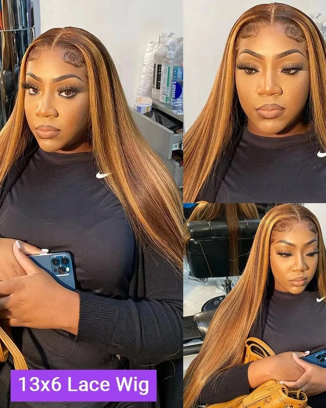 Woman with a 13x6 lace wig in a salon setting, holding a phone.