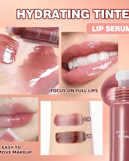 Hydrating tinted lip serum with close-ups of lips and product on a peach background