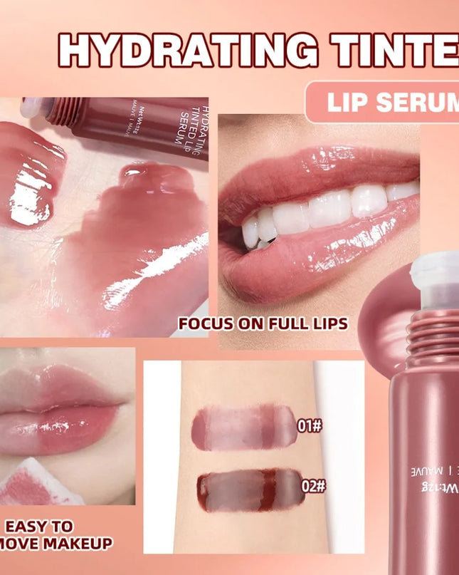 Hydrating tinted lip serum with close-ups of lips and product on a peach background