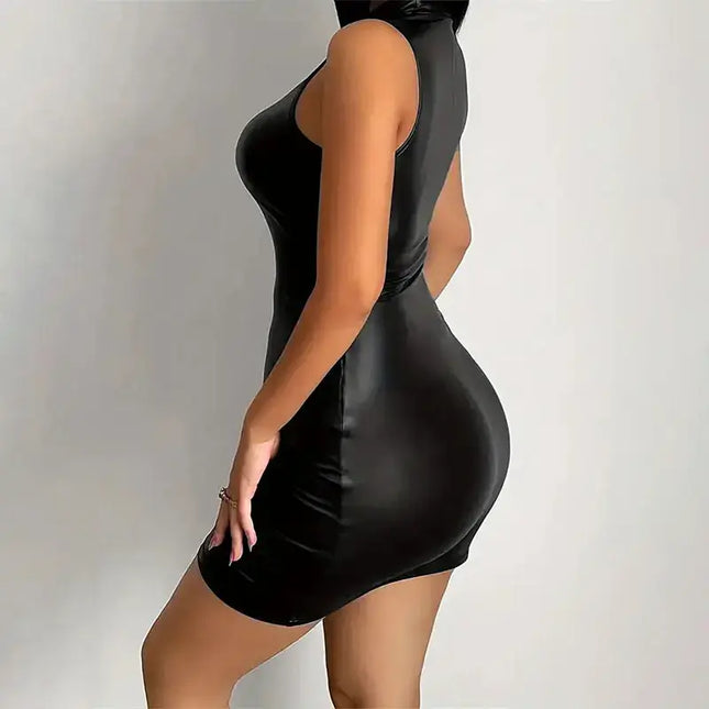Sexy bodycon mini dress on a woman, showcasing a slim fit and sleeveless design in black.