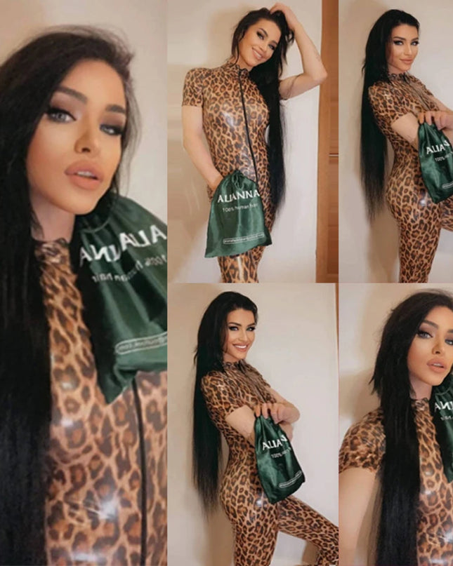 Woman in leopard print outfit holding a green bag with 'ALMA' branding.