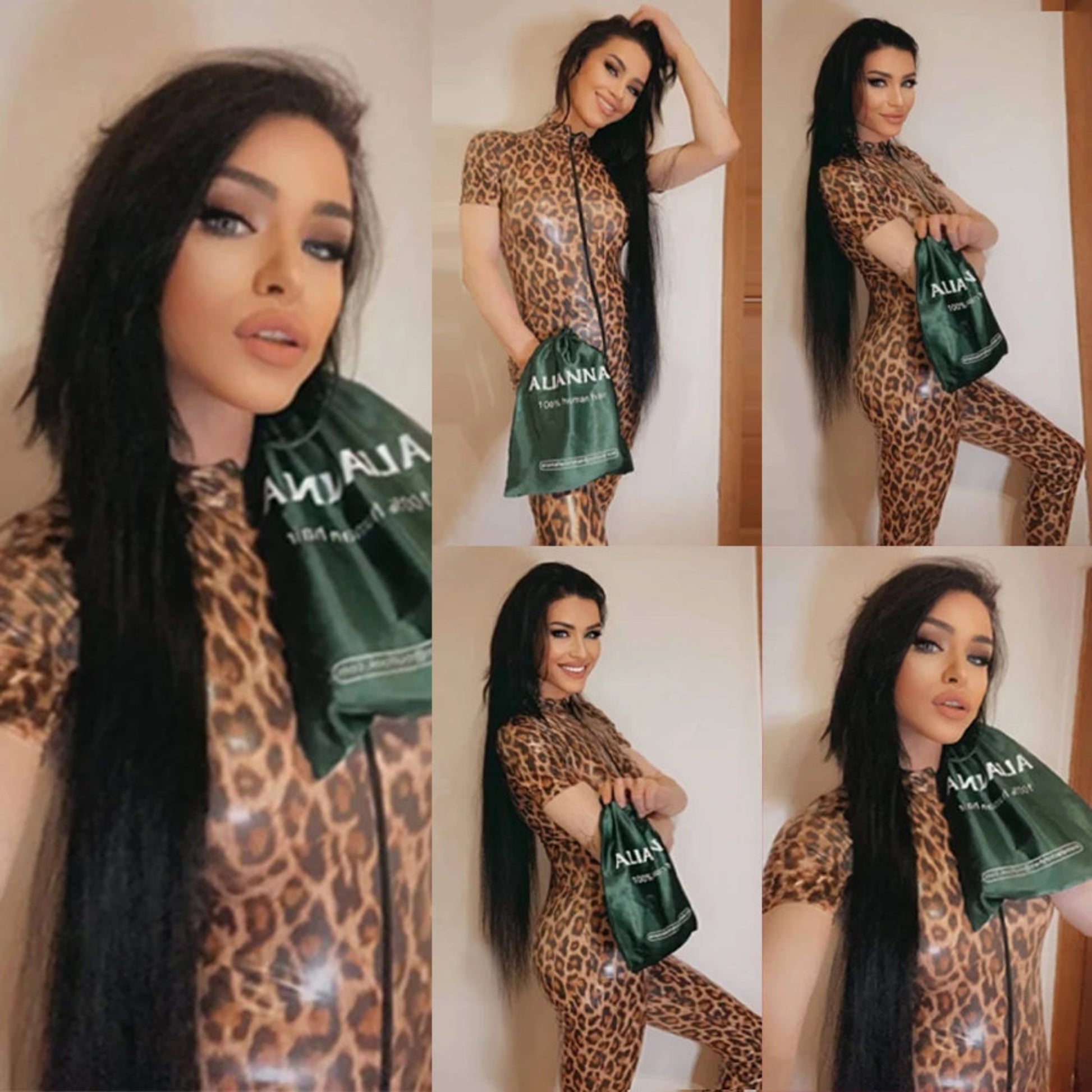 Woman in leopard print outfit holding a green bag with 'ALMA' branding.