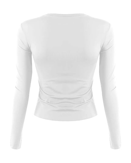 Back view of Women's Long Sleeve O-Neck Crop Top – Slim Basic Tee in white color, showcasing its fitted design.