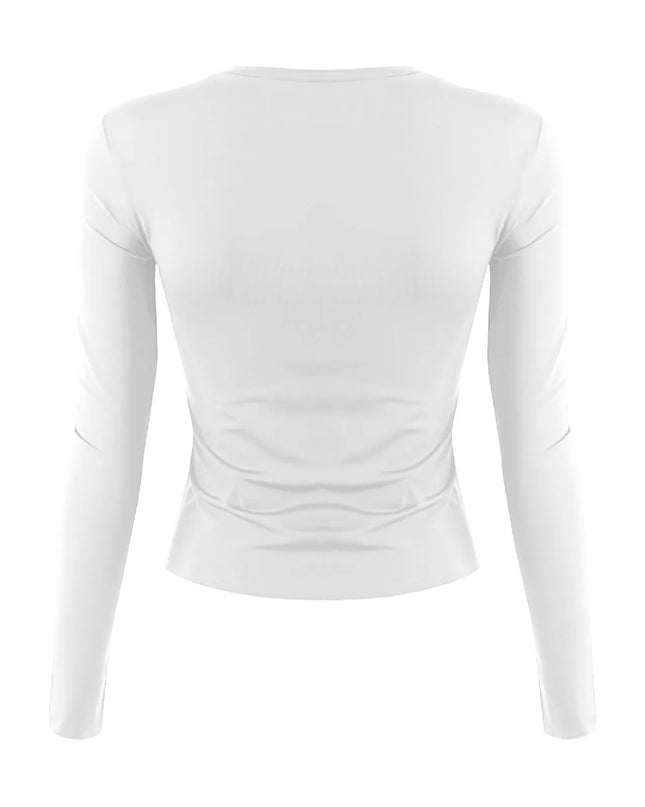 Back view of Women's Long Sleeve O-Neck Crop Top – Slim Basic Tee in white color, showcasing its fitted design.