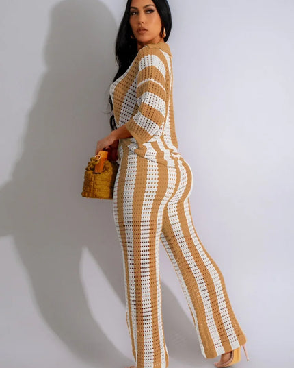 Women's Crochet Knit Two-Piece Beach Set – Button Top & Wide-Leg Pants