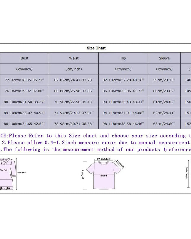 Size chart for clothing with measurements in centimeters and inches.