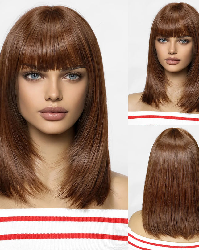 Blonde Synthetic Wigs with Bangs Medium Length Layered Straight Wig Natural Highlight Hair