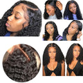 Collage of a woman with styled hair, close-up of hairline, and text about hair product features.