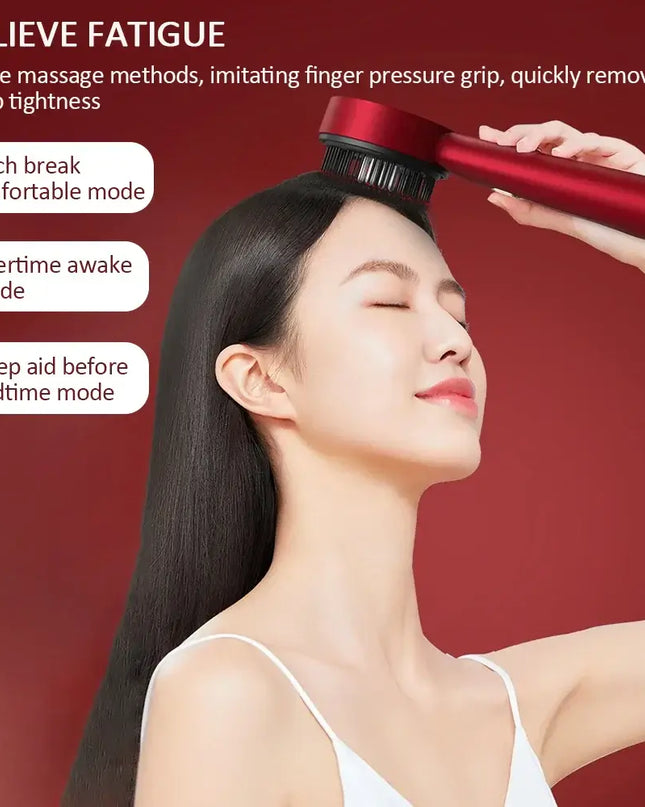 Woman using electric vibration massage comb for scalp relaxation with three massage modes to relieve fatigue.