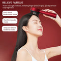 Woman using electric vibration massage comb for scalp relaxation with three massage modes to relieve fatigue.
