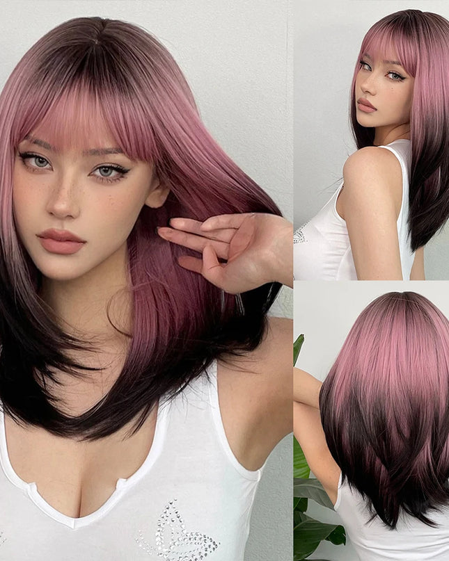 Blonde Synthetic Wigs with Bangs Medium Length Layered Straight Wig Natural Highlight Hair