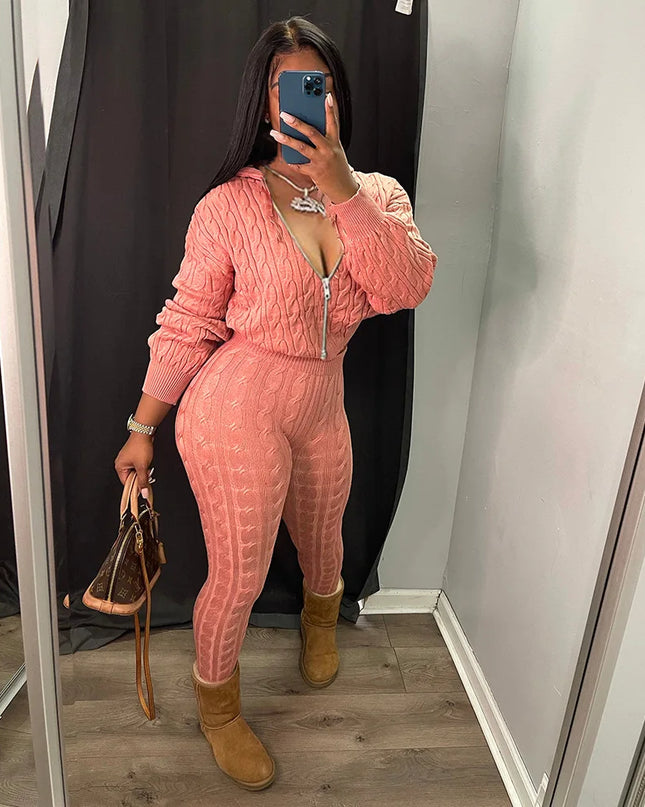 Women's Knit Hooded Sweater and Pants 2-Piece Set | Fall Winter Loungewear Outfit