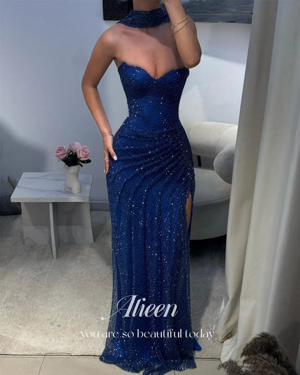 Aileen women's prom dress 2025 dark blue luxury evening dress with off-shoulder design and side slit.