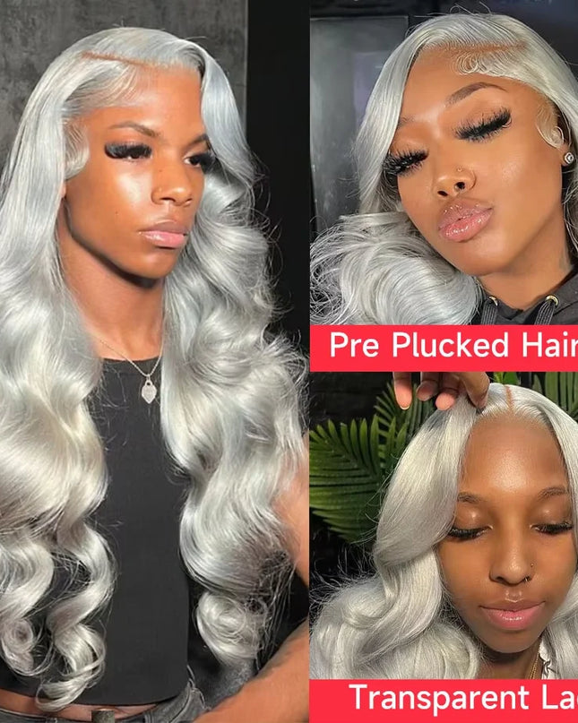 Collage of a woman with silver hair styled in wavy locks, showing pre-plucked hairline and transparent lace.