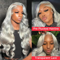 Collage of a woman with silver hair styled in wavy locks, showing pre-plucked hairline and transparent lace.