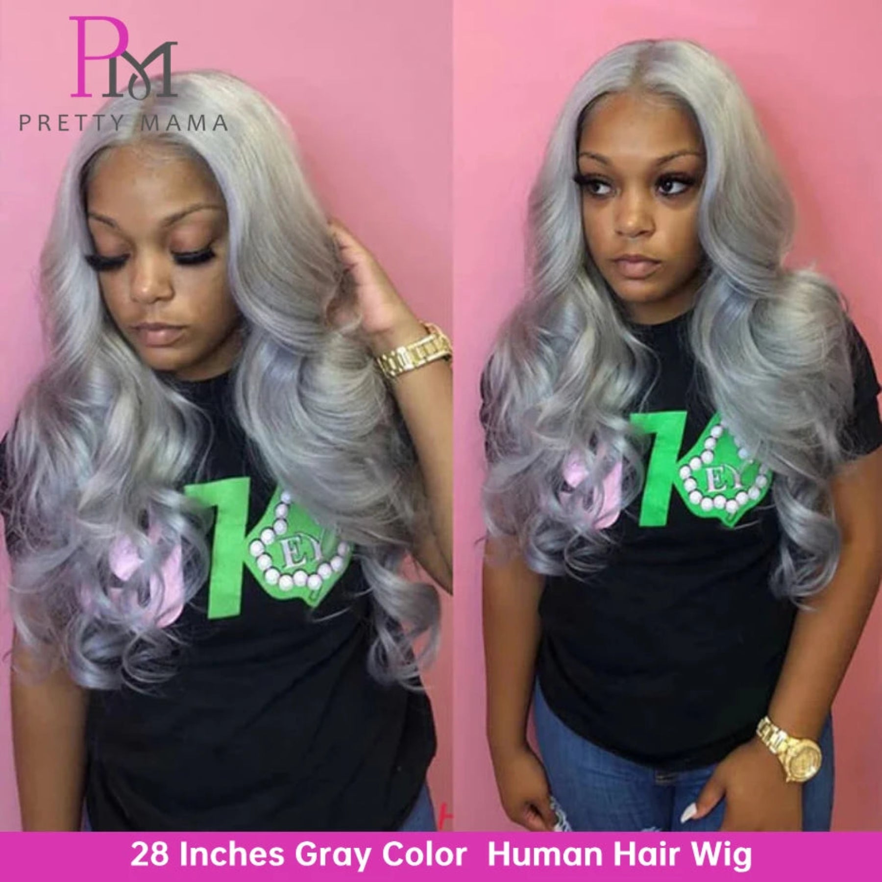 Person wearing a gray wig with 'Pretty Mama' branding on a pink background