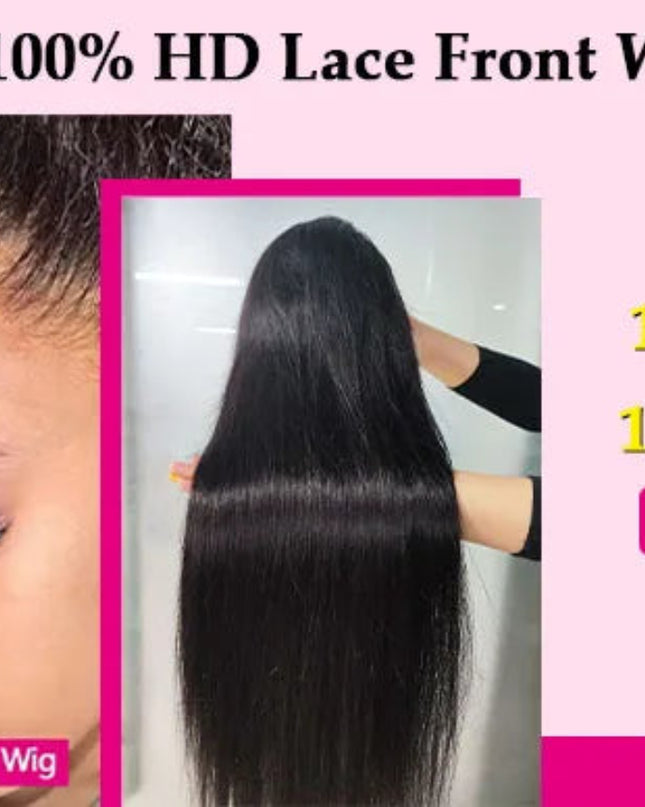 Advertisement for a 100% HD lace front wig with product details on a pink background.