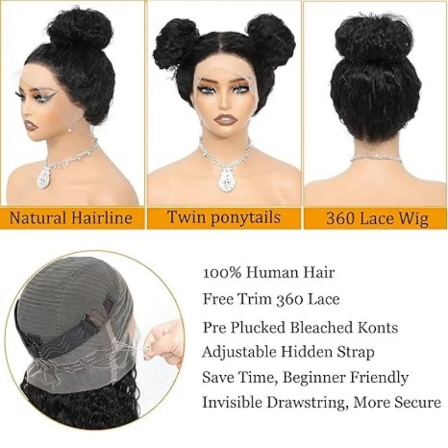 Comparison of different wig styles on a mannequin head with text detailing features.