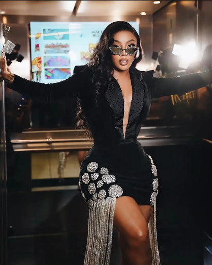 Sexy party dress with deep V neckline, beaded details, and tassel sleeves, perfect for custom made prom dresses.