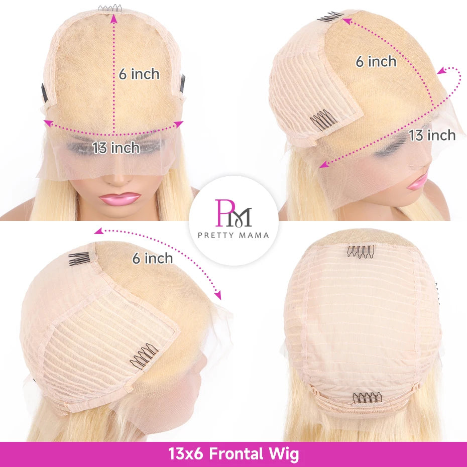 Blonde wig with measurements and Pretty Mama logo displayed.