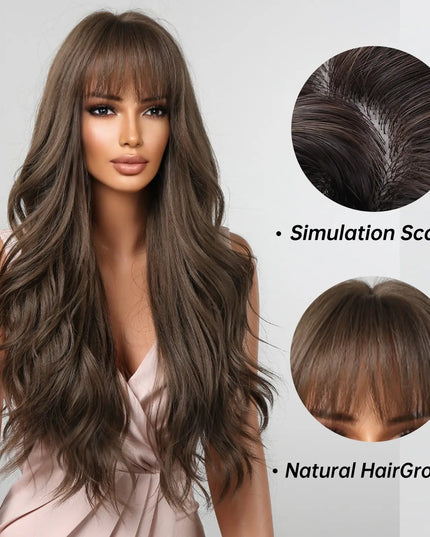 Brown Wavy Wigs for Women with Bangs Long Natural Synthetic Hair Wig Daily Cosplay Heat Resistant