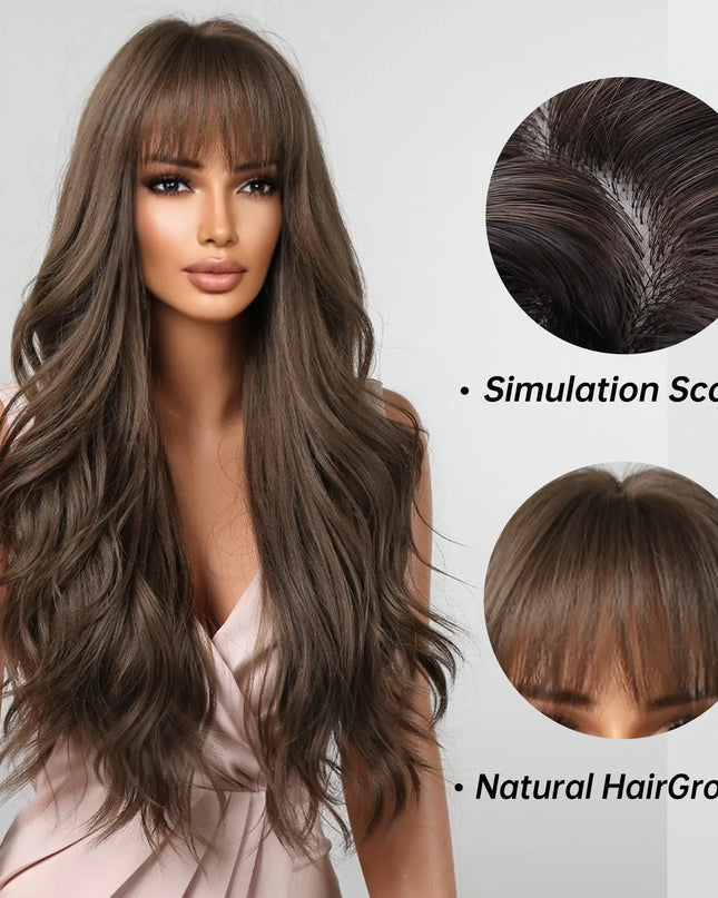 Brown Wavy Wigs for Women with Bangs Long Natural Synthetic Hair Wig Daily Cosplay Heat Resistant