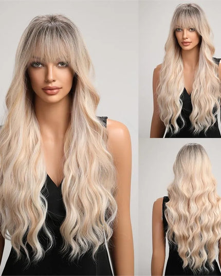 Brown Wavy Wigs for Women with Bangs Long Natural Synthetic Hair Wig Daily Cosplay Heat Resistant