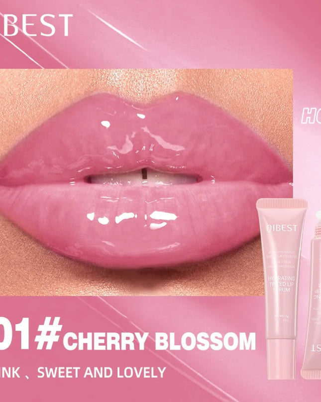 Lip gloss with pink lips and QIBEST branding on a pink background