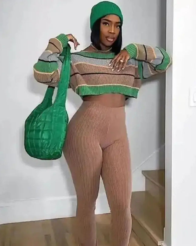 Women 2 Piece Set Long Sleeve Striped Sweater and Sweat Pants Suits 2024 Winter Fitness Active Two Piece Lounge Sets Tracksuit