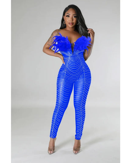 HLJ Sexy Feather Luxury Rhinestone Bodycon Jumpsuits Women Mesh Sleeveless