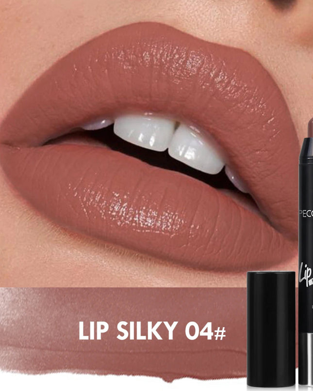 Lipstick with 'Lip Silky 04#' shade applied to lips and product packaging.