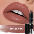 Lipstick with 'Lip Silky 04#' shade applied to lips and product packaging.
