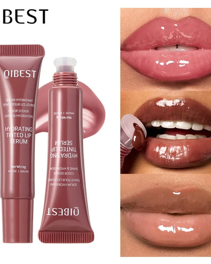 QIBEST lip serum with close-up images of lips wearing the product.