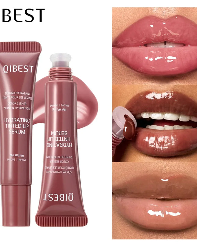QIBEST lip serum with close-up images of lips wearing the product.