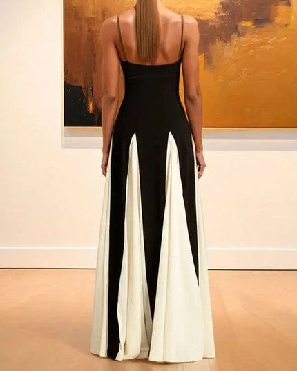 Fashion Sling Color Contrast Evening Party Dress, back view showing V-neck, off-shoulder design, and high waist silhouette.