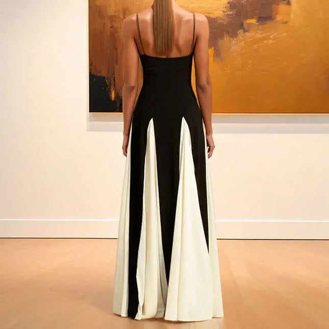 Fashion Sling Color Contrast Evening Party Dress, back view showing V-neck, off-shoulder design, and high waist silhouette.