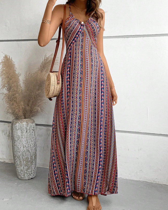 Women's Ethnic Pattern Backless Split Thigh Boho Maxi Dress