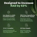 Graphic highlighting the benefits of a supplement designed to increase NAD by 63%, including GMP certification and purity.