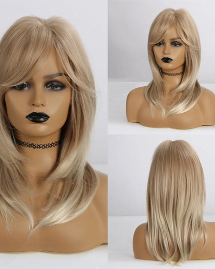 Blonde wig displayed on a mannequin head with front, side, and back views.