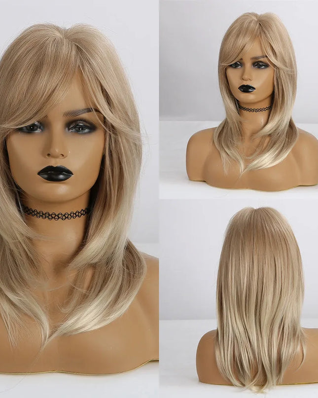Blonde wig displayed on a mannequin head with front, side, and back views.